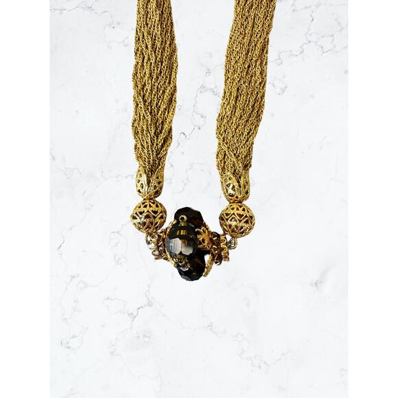 Vintage Vendôme 1950s/60s Gold Mesh Filigree Necklace and Glass Beads - Picture 9 of 9